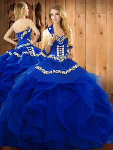 Glittering Blue Sleeveless Embroidery and Ruffles Floor Length Ball Gown Prom Dress
