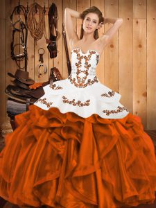 Satin and Organza Sleeveless Floor Length Quinceanera Gowns and Embroidery and Ruffles