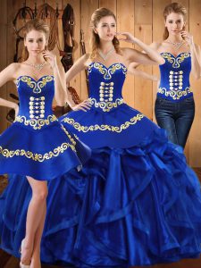 Super Royal Blue Organza Lace Up Sweetheart Sleeveless Floor Length 15 Quinceanera Dress Embroidery and Ruffles
