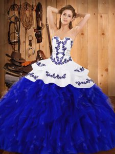 New Arrival Satin and Organza Strapless Sleeveless Lace Up Embroidery and Ruffles Quince Ball Gowns in Blue And White