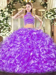 Inexpensive Lavender Backless High-neck Beading and Ruffles Quinceanera Dresses Tulle Sleeveless