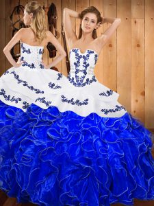 Exquisite Floor Length Blue And White Quinceanera Gowns Satin and Organza Sleeveless Embroidery and Ruffles