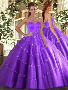 Eggplant Purple Ball Gowns Beading and Appliques Quinceanera Dresses Lace Up Tulle Sleeveless Floor Length