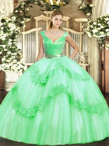 Most Popular Floor Length Apple Green Quinceanera Dress Tulle Sleeveless Beading and Appliques