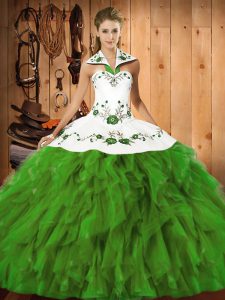 Sleeveless Satin and Organza Floor Length Lace Up Quinceanera Gown in Olive Green with Embroidery and Ruffles