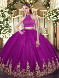 Fuchsia Tulle Backless Halter Top Sleeveless Floor Length Ball Gown Prom Dress Beading and Appliques