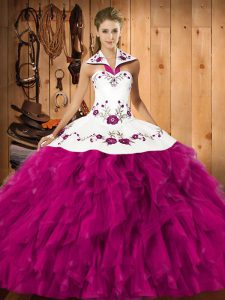 Sleeveless Satin and Organza Floor Length Lace Up Sweet 16 Quinceanera Dress in Fuchsia with Embroidery and Ruffles