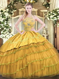 Fashion Gold Sleeveless Satin and Organza Zipper Quinceanera Dress for Military Ball and Sweet 16 and Quinceanera