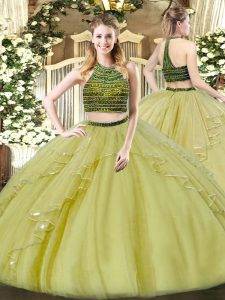 Olive Green Quinceanera Dress Military Ball and Sweet 16 and Quinceanera with Beading and Ruffles Halter Top Sleeveless Zipper