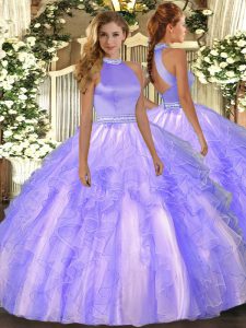 Ball Gowns Quinceanera Dress Lavender Halter Top Organza Sleeveless Floor Length Backless