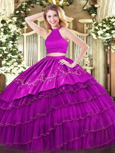 Fuchsia Halter Top Backless Beading and Embroidery and Ruffled Layers Quinceanera Dress Sleeveless