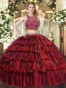 Hot Sale Burgundy Two Pieces High-neck Sleeveless Tulle Floor Length Zipper Beading and Ruffled Layers 15 Quinceanera Dress