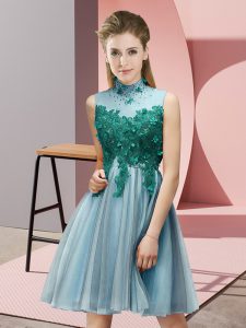 Edgy Aqua Blue Dama Dress for Quinceanera Prom and Party and Wedding Party with Appliques High-neck Sleeveless Lace Up