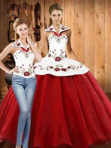 White And Red Sleeveless Embroidery Floor Length Quinceanera Dress