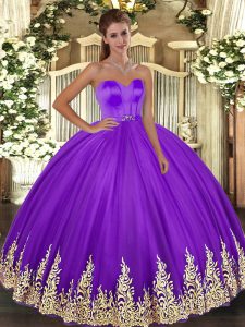 Amazing Eggplant Purple Tulle Lace Up Sweetheart Sleeveless Floor Length 15 Quinceanera Dress Appliques
