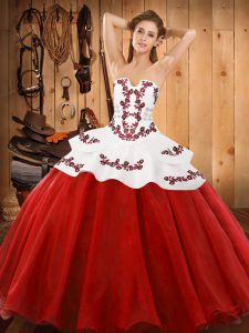 Red Strapless Neckline Embroidery Quinceanera Gown Sleeveless Lace Up