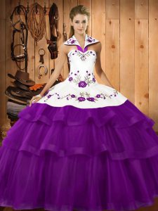 Halter Top Sleeveless Vestidos de Quinceanera Sweep Train Embroidery and Ruffled Layers Purple Organza