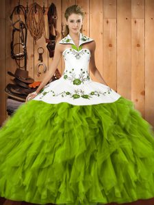 Designer Floor Length Lace Up Vestidos de Quinceanera Olive Green for Military Ball and Sweet 16 and Quinceanera with Embroidery and Ruffles