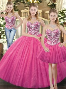 Noble Tulle Sweetheart Sleeveless Lace Up Beading Sweet 16 Dress in Hot Pink