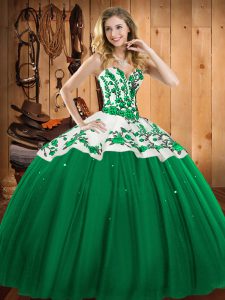 Sweetheart Sleeveless Lace Up Quinceanera Gowns Dark Green Satin and Tulle