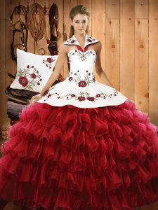 Perfect Ball Gowns Sweet 16 Dress Wine Red Halter Top Organza Sleeveless Floor Length Lace Up