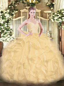Gorgeous Gold Ball Gowns Sweetheart Sleeveless Organza Floor Length Lace Up Beading and Ruffles Vestidos de Quinceanera