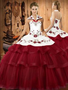 Wine Red Organza Lace Up Sweet 16 Dresses Sleeveless Sweep Train Embroidery and Ruffled Layers