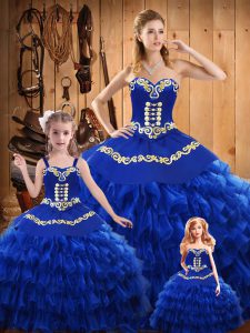 Lovely Blue Sweetheart Neckline Embroidery and Ruffled Layers Quinceanera Gowns Sleeveless Lace Up