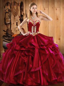 Captivating Wine Red Organza Lace Up Sweet 16 Dresses Sleeveless Floor Length Embroidery and Ruffles