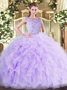 Wonderful Bateau Sleeveless Quinceanera Gown Floor Length Beading and Ruffles Lavender Tulle