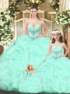 Customized Aqua Blue Tulle Lace Up Sweetheart Sleeveless Floor Length Quince Ball Gowns Beading and Ruffles