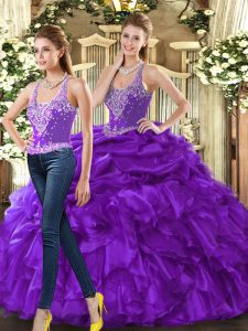 New Arrival Eggplant Purple Ball Gowns Straps Sleeveless Tulle Floor Length Lace Up Beading and Ruffles Quinceanera Dresses