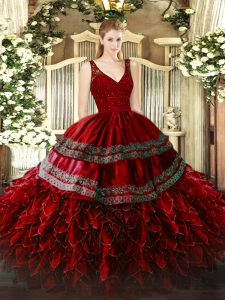 Luxury V-neck Sleeveless Quinceanera Dresses Floor Length Beading and Lace and Ruffles Wine Red Organza