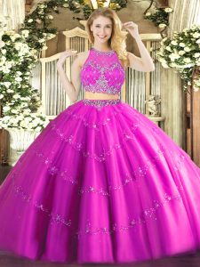 Sophisticated Two Pieces Quinceanera Dresses Fuchsia Scoop Tulle Sleeveless Floor Length Zipper