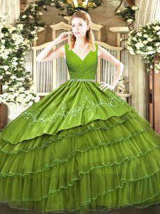 Olive Green Zipper V-neck Embroidery and Ruffled Layers Quinceanera Dress Satin and Organza Sleeveless