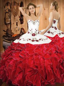 Pretty White And Red Sleeveless Satin and Organza Lace Up Quince Ball Gowns for Military Ball and Sweet 16 and Quinceanera