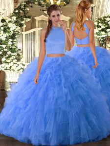Floor Length Backless Sweet 16 Quinceanera Dress Baby Blue for Military Ball and Sweet 16 and Quinceanera with Beading and Ruffles
