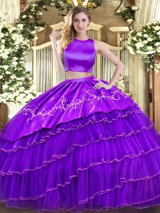 Cute Purple Criss Cross High-neck Embroidery and Ruffled Layers Sweet 16 Dresses Tulle Sleeveless