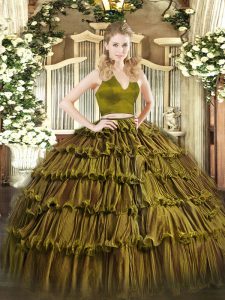 New Arrival Olive Green Two Pieces Ruffled Layers Quinceanera Dress Zipper Organza Sleeveless Floor Length