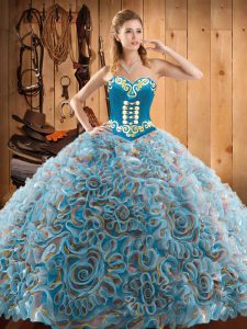 Great With Train Multi-color Sweet 16 Dress Satin and Fabric With Rolling Flowers Sweep Train Sleeveless Embroidery