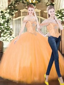 Affordable Orange Red Sleeveless Floor Length Beading and Ruffles Lace Up Quinceanera Dress