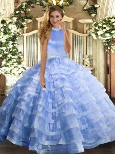 Organza Halter Top Sleeveless Backless Beading and Ruffled Layers Quinceanera Dress in Blue
