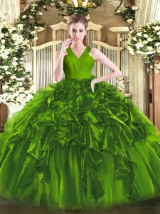Romantic Floor Length Olive Green Vestidos de Quinceanera V-neck Sleeveless Zipper