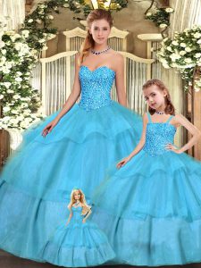 Aqua Blue Sleeveless Organza Lace Up Vestidos de Quinceanera for Military Ball and Sweet 16 and Quinceanera