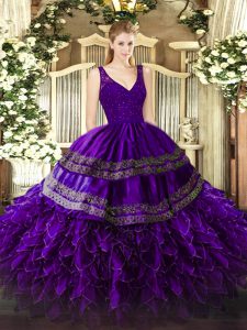 Fabulous Purple Ball Gowns Organza V-neck Sleeveless Beading and Lace and Ruffles Floor Length Backless 15 Quinceanera Dress