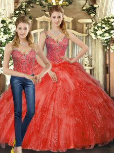 Red Lace Up Quinceanera Dress Beading and Ruffles Sleeveless Floor Length