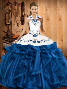 Blue Lace Up 15 Quinceanera Dress Embroidery and Ruffles Sleeveless Floor Length