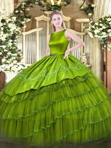 Olive Green Satin and Organza Lace Up Sweet 16 Dresses Sleeveless Floor Length Embroidery and Ruffled Layers