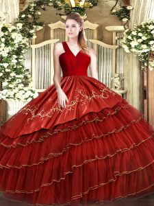 Enchanting Wine Red Sleeveless Floor Length Embroidery and Ruffled Layers Zipper Quince Ball Gowns
