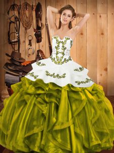 Olive Green Sleeveless Embroidery and Ruffles Floor Length Sweet 16 Dress